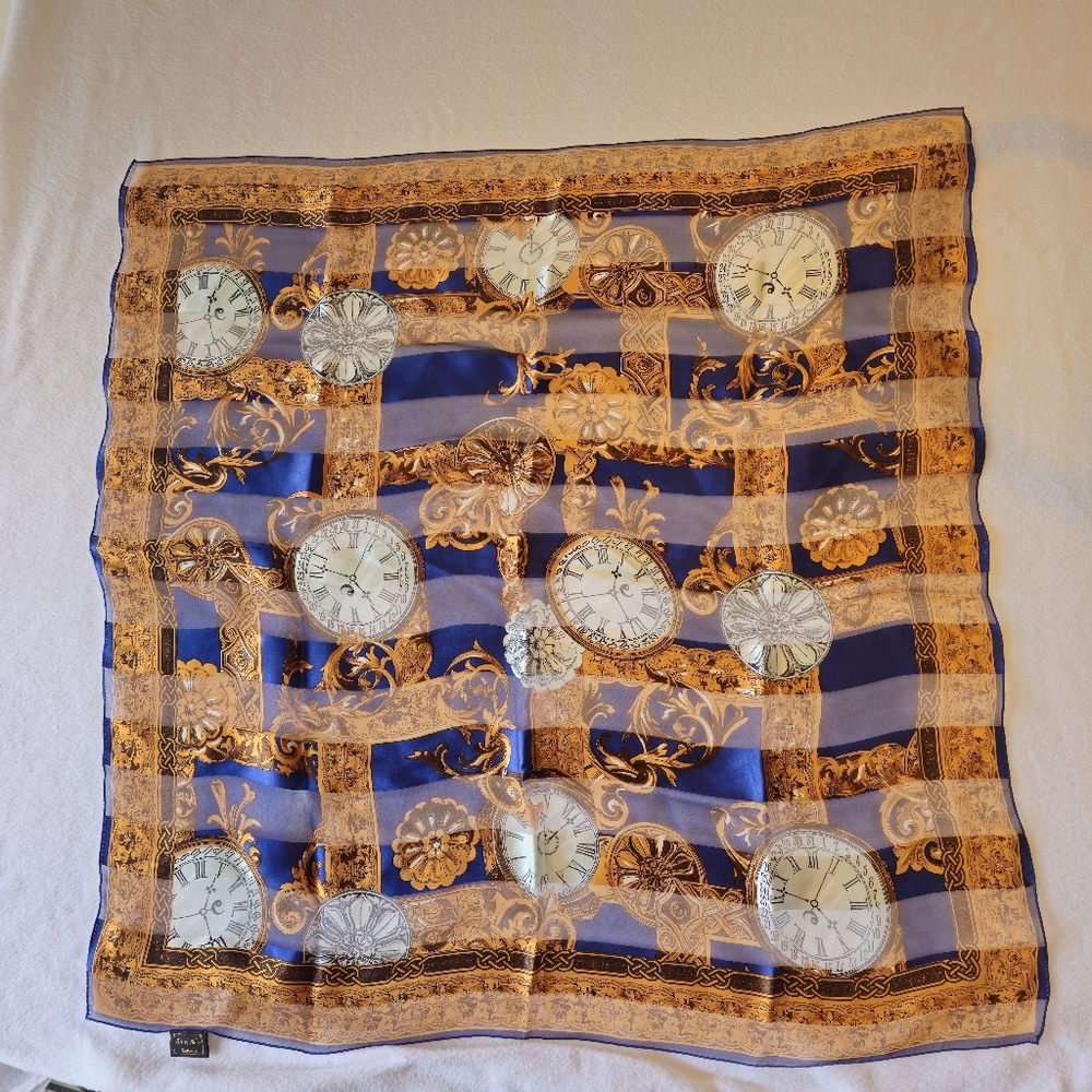 Art Of Silk Blue and Gold‎ Clock Pattern Scarf